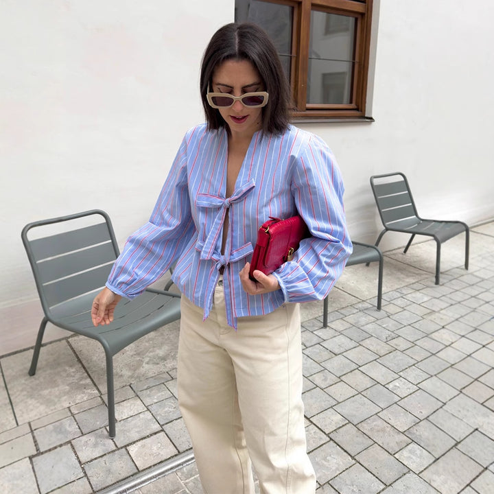 Women's Striped Tie Blouse with Bow Front, V-Neck & Balloon Sleeves Amarae