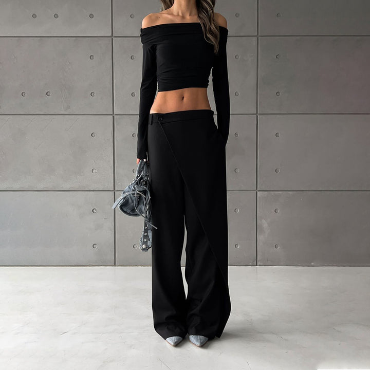 Elegant high-regular trousers for women with asymmetric cut Lune London