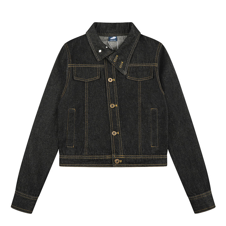 Women's Short Boxy Denim Jacket with Contrast Stitching and Chest Pockets Amarae