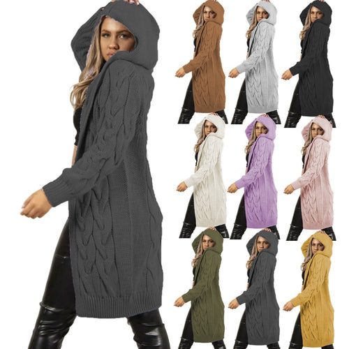 Knit coat for women with hood and elaborate braid pattern structure Amarae