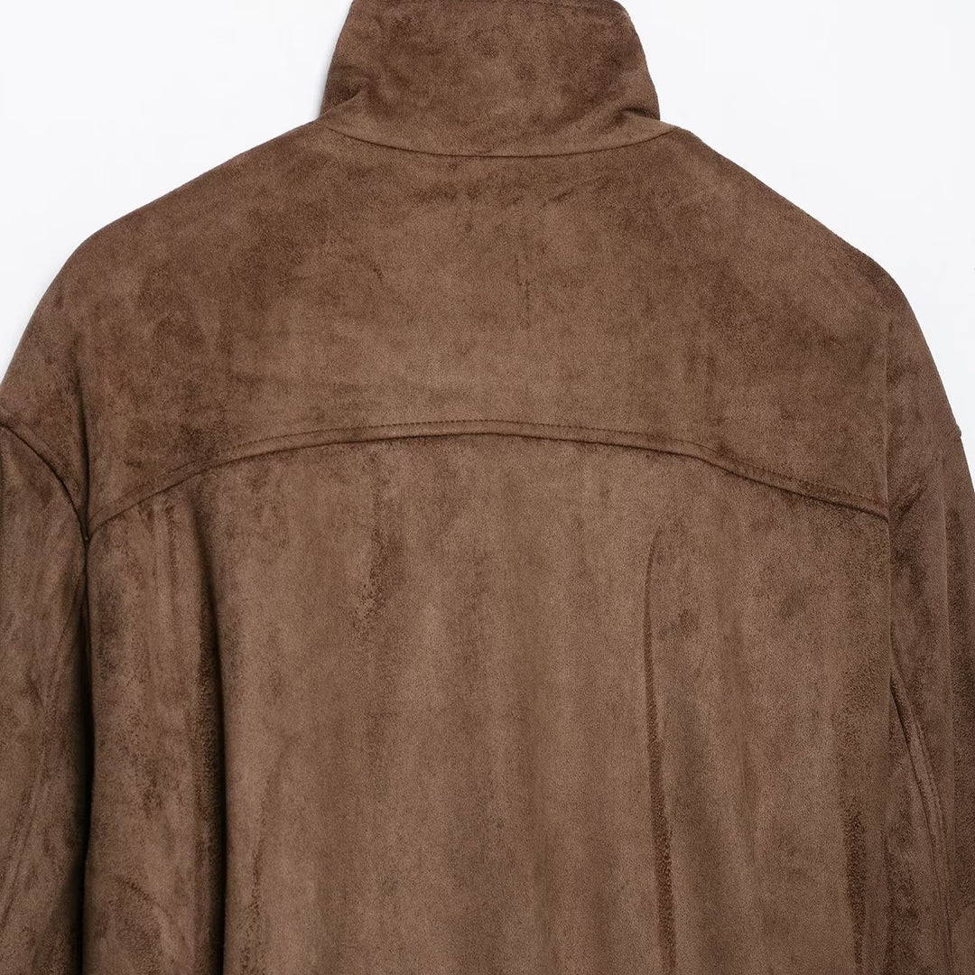 Women's short jacket in suede look with high stand-up collar, decorative dividing seams and tie belt Amarae