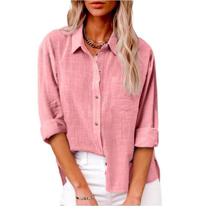 Casual linen blouse for women with short sleeves and button details Lune London