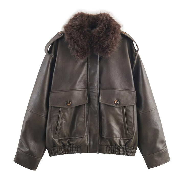 Faux leather jacket for women with removable faux fur collar and practical pockets Lune London