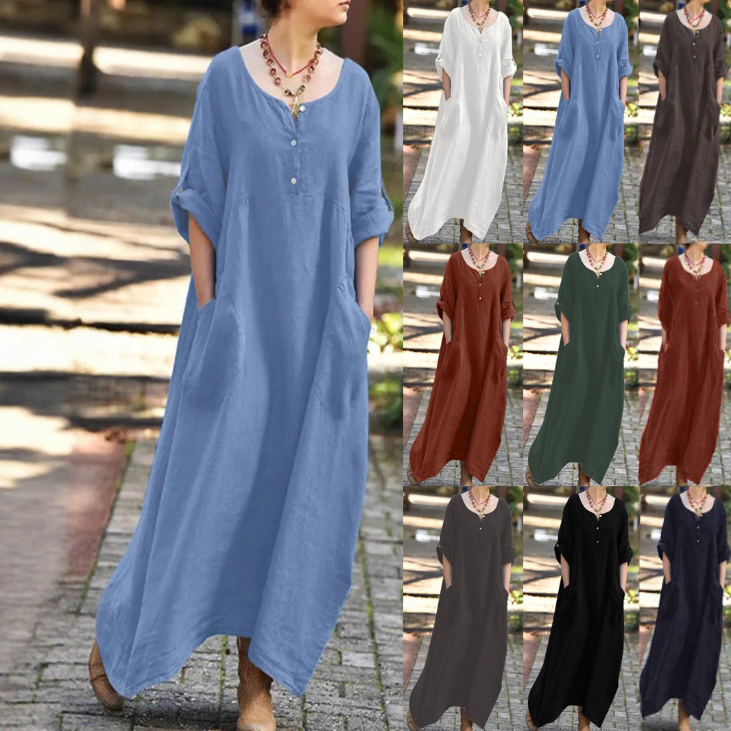 Long dress for women with button details and practical pockets Lune London