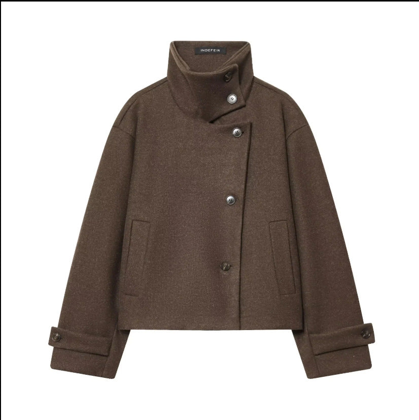 Women's Cropped Wool Blend Short Jacket with High Stand Collar, Asymmetric Button Placket and Cuffed Sleeves Amarae
