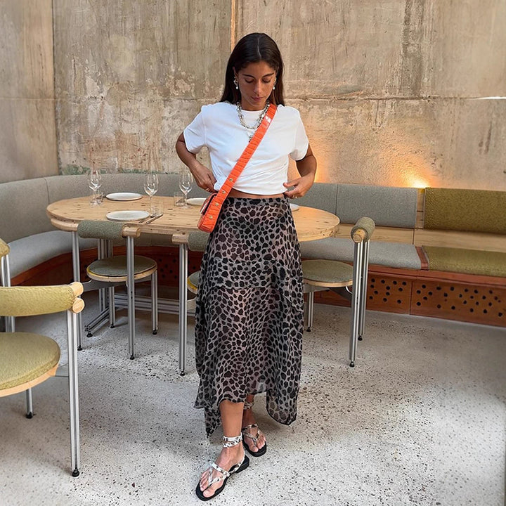 Women's Light Chiffon Midi Skirt with Asymmetrical Hem & Leo Print Amarae