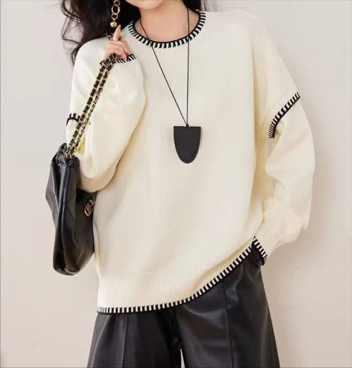 Pull en tricot décontracté pour femmes avec ourlet contrasté et manches douces Chic & Stil