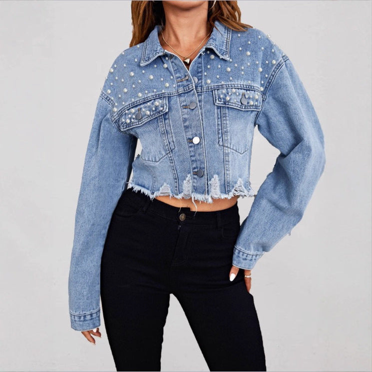 Ladies short denim jacket with pearl embellishments, fringed hem, and wide-cut sleeves Amarae