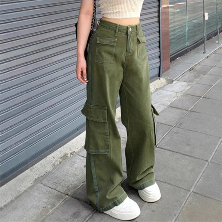 Women's high-waisted cargo jeans with wide leg, multiple flap pockets and straight cut Amarae