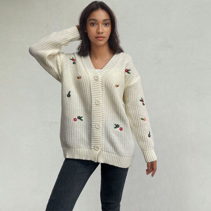 Ladies Thick-Knit Cardigan with 3D Floral Pattern and Comfortable Fit Lune London