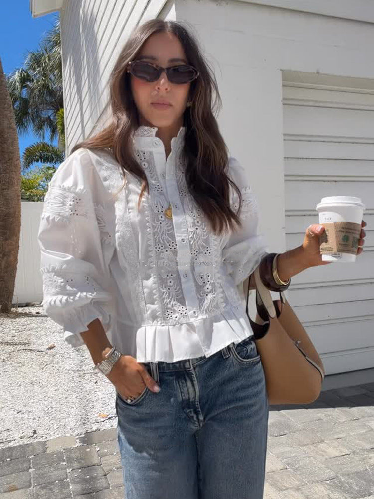 Ladies Broderie-Anglaise blouse with stand-up collar, ruffled hem and balloon sleeves Amarae