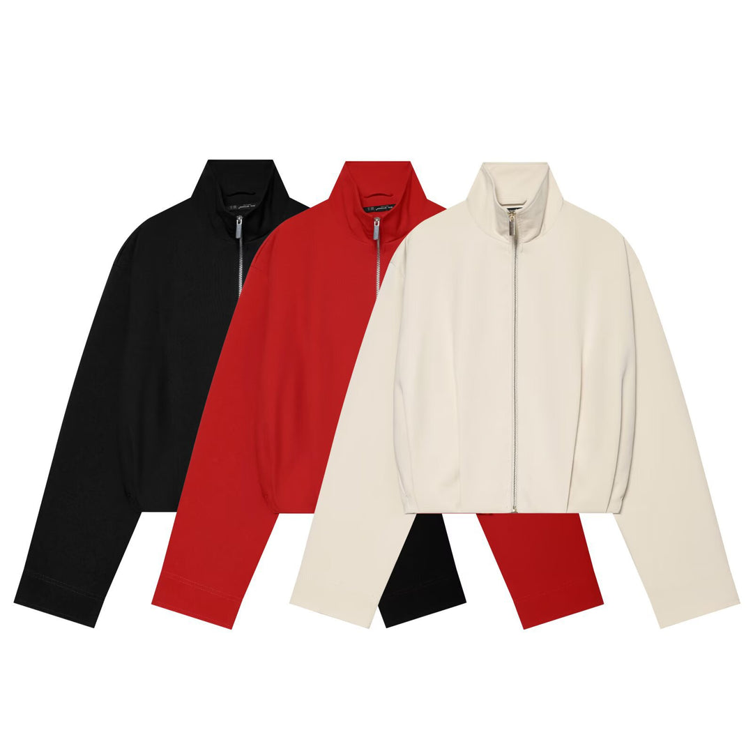 Women's Cropped Bomber Jacket with High Stand Collar, Full Metal Zip and Fitted Cuffs