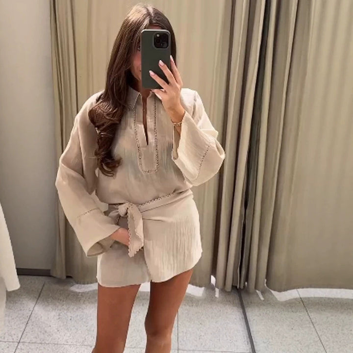 Ladies Lightweight Crinkle Two-Piece with Oversized Shirt and Wrap Mini Skirt Amarae
