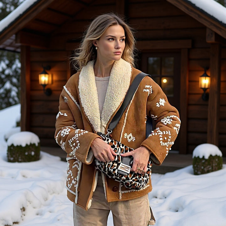 Ladies short cut lamb fur imitation jacket with large shawl collar and ornamental embroidery Amarae