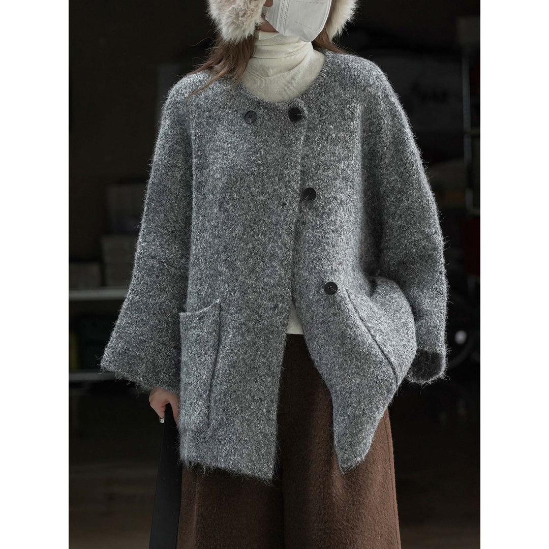 Women's short jacket in mohair look with round neck, button placket, and patch pockets Amarae