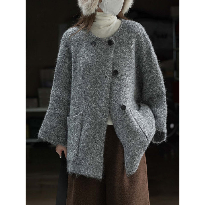 Women's short jacket in mohair look with round neck, button placket, and patch pockets Amarae