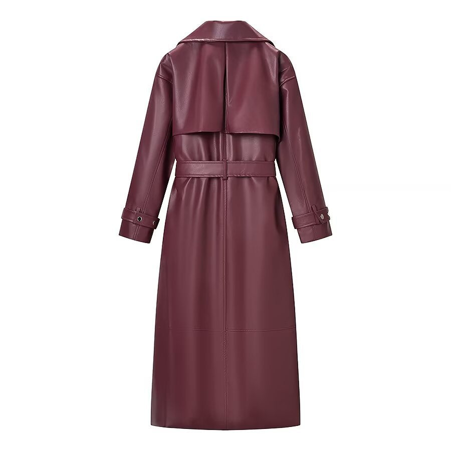 Women Oversize Faux Leather Coat in Trench Coat Style with Wide Lapels Amarae