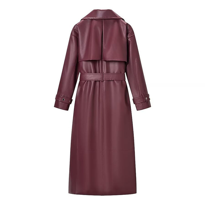 Women Oversize Faux Leather Coat in Trench Coat Style with Wide Lapels Amarae