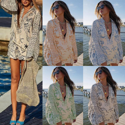 Casual beach blouse for women with an artistic nautical print and an elegant V neckline Amarae