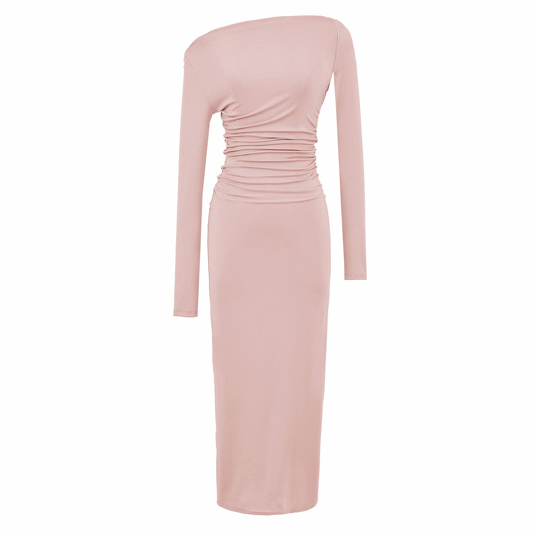 Women One-Shoulder Midi Dress with Long Sleeve and Side Gathering Amarae
