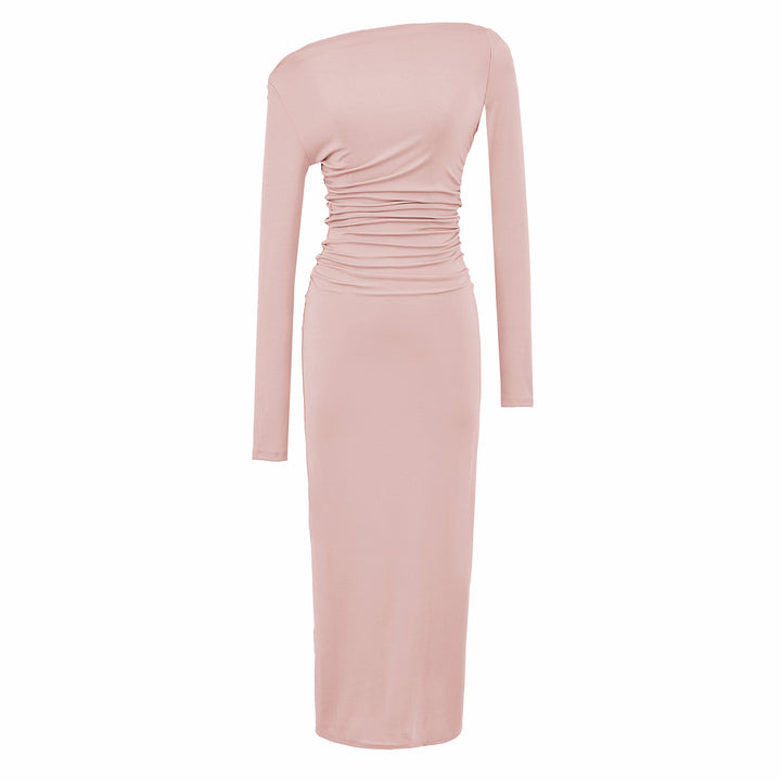 Women One-Shoulder Midi Dress with Long Sleeve and Side Gathering Amarae