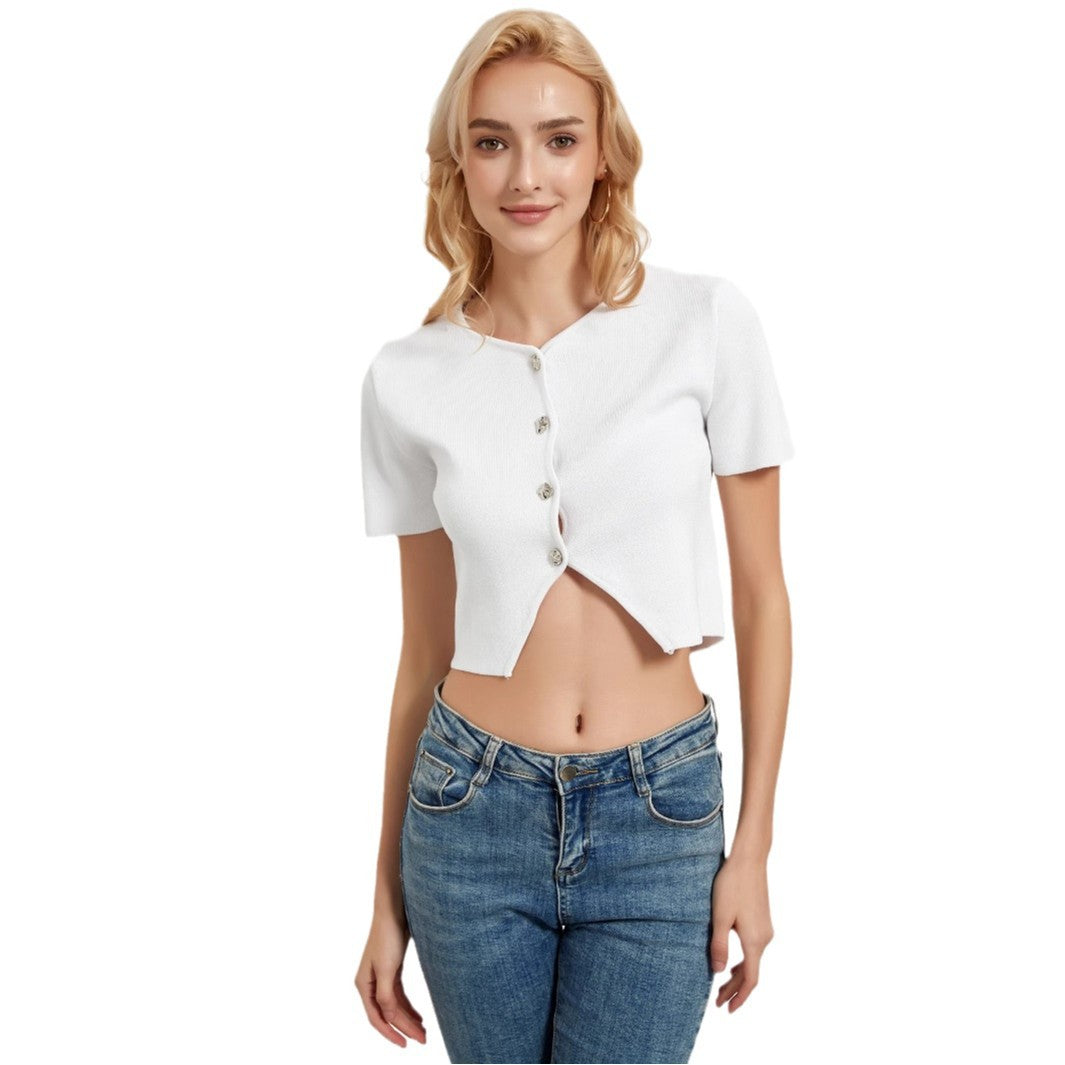 Short sleeve blouse for women with decorative button details Lune London