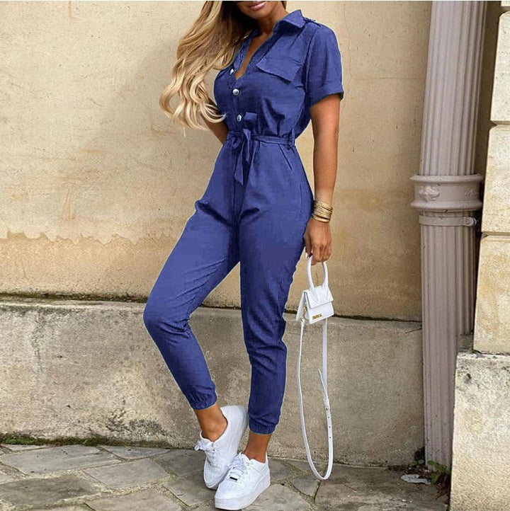 Women Practical jumpsuit with elegant collar and belt at the waist Lune London
