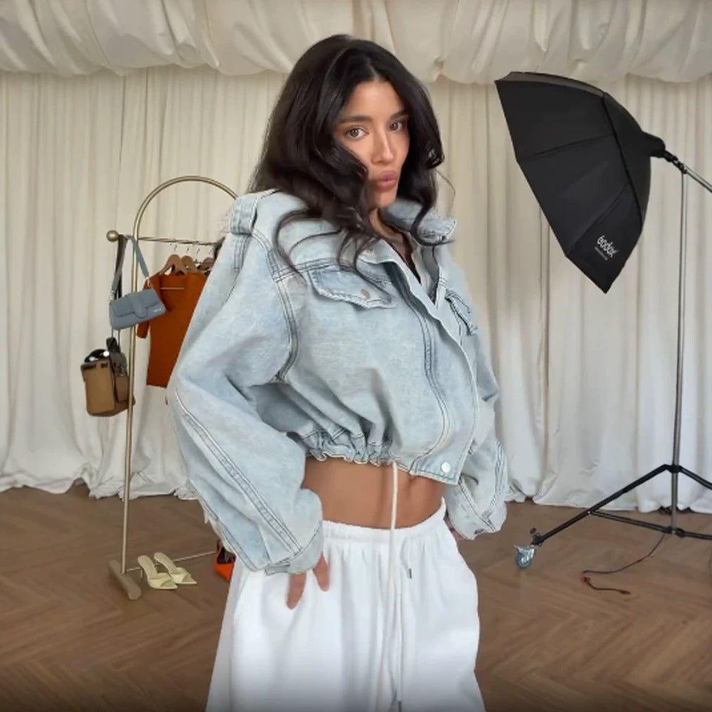 Women's Cropped Denim Jacket with Drawstring, Boxy Oversized Silhouette & Flap Pockets Amarae