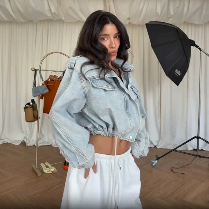 Women's Cropped Denim Jacket with Drawstring, Boxy Oversized Silhouette & Flap Pockets Amarae