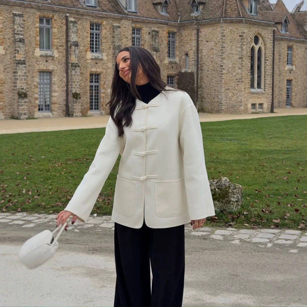 Women's short coat with Chinese toggle closures, oversized sleeves, and patch pockets Amarae