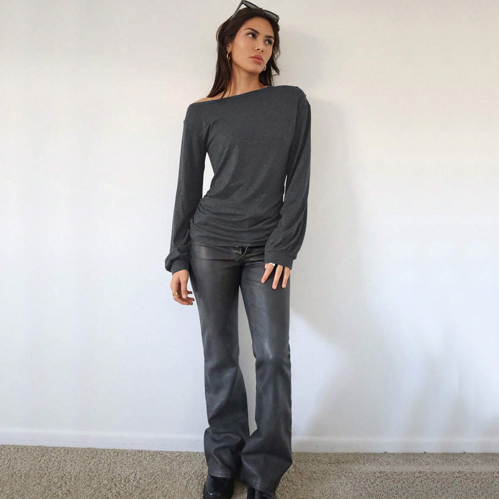 Chemise à manches longues décontractée pour femmes, à épaules dénudées, avec des détails de volants élégants Chic & Stil