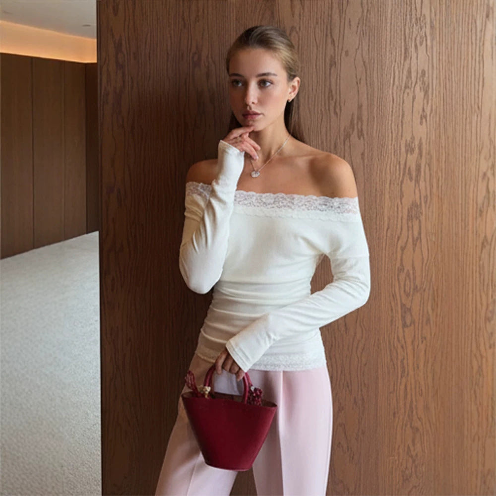 Women Slim-Fit Off-Shoulder Fine Knit Top with Lace Edge Amarae