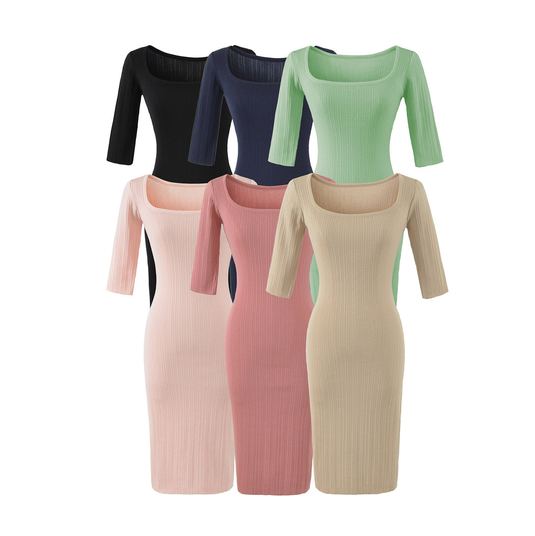 Women's Ribbed Midi Dress with Square Neckline and Three-Quarter Sleeves Amarae