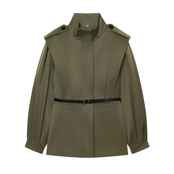 Women Short Cape Trench with High Funnel Collar and Waist Belt Amarae