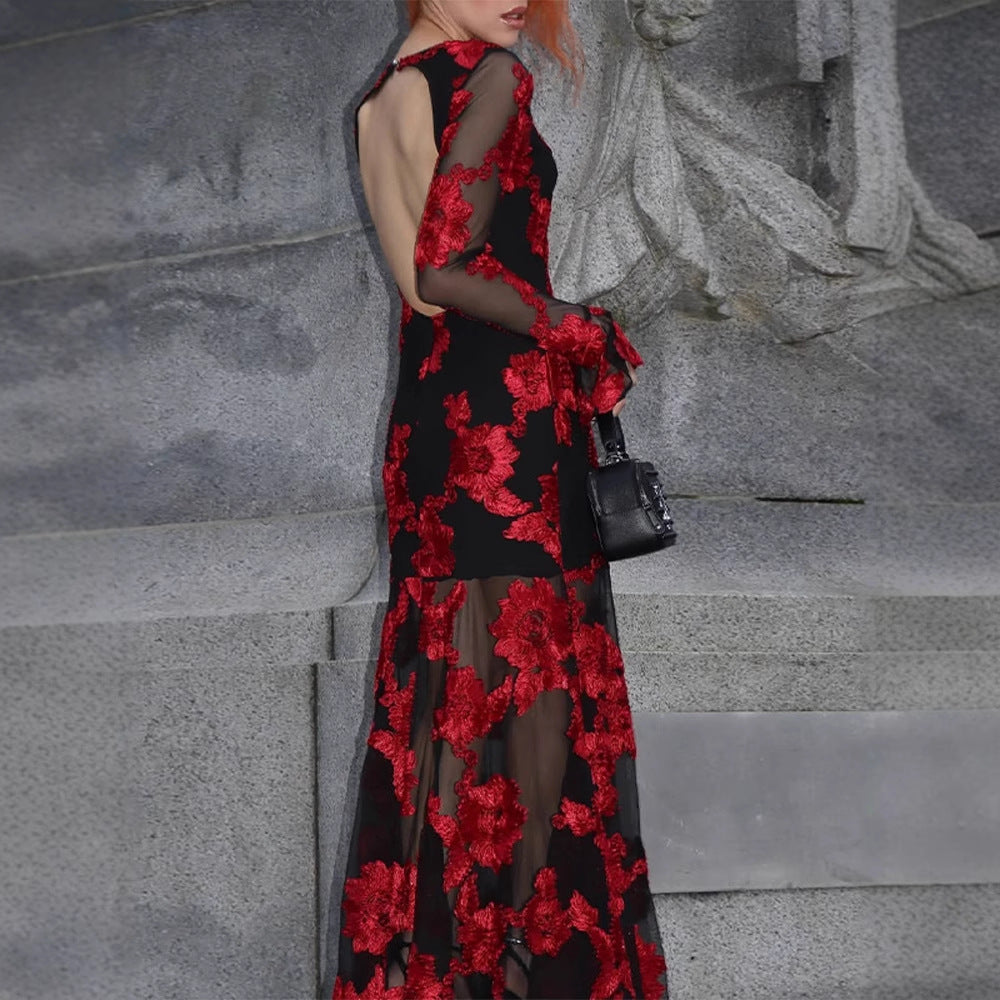 Women’s maxi dress with transparent mesh and floral embroidery Amarae