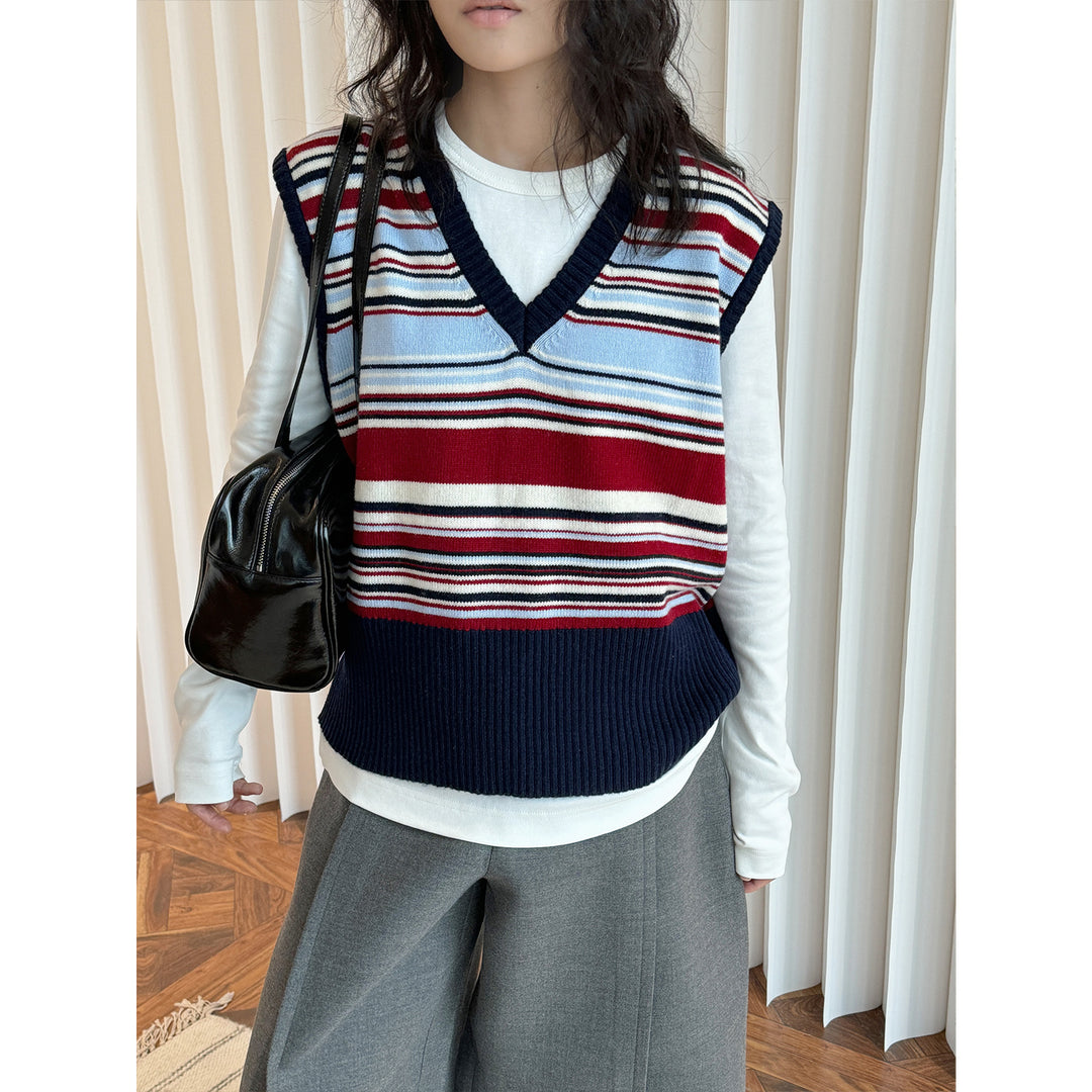 Women Striped Knit Vest with V-Neck and Ribbed Hem Amarae