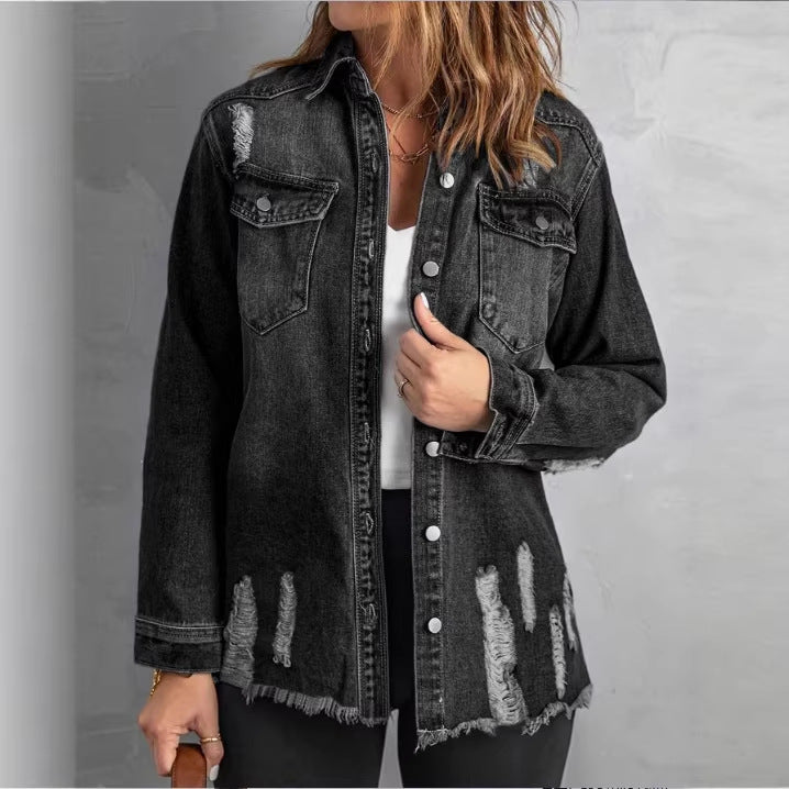 Women Oversized Denim Shirt Jacket with Distressed Details and Fringed Hem Amarae