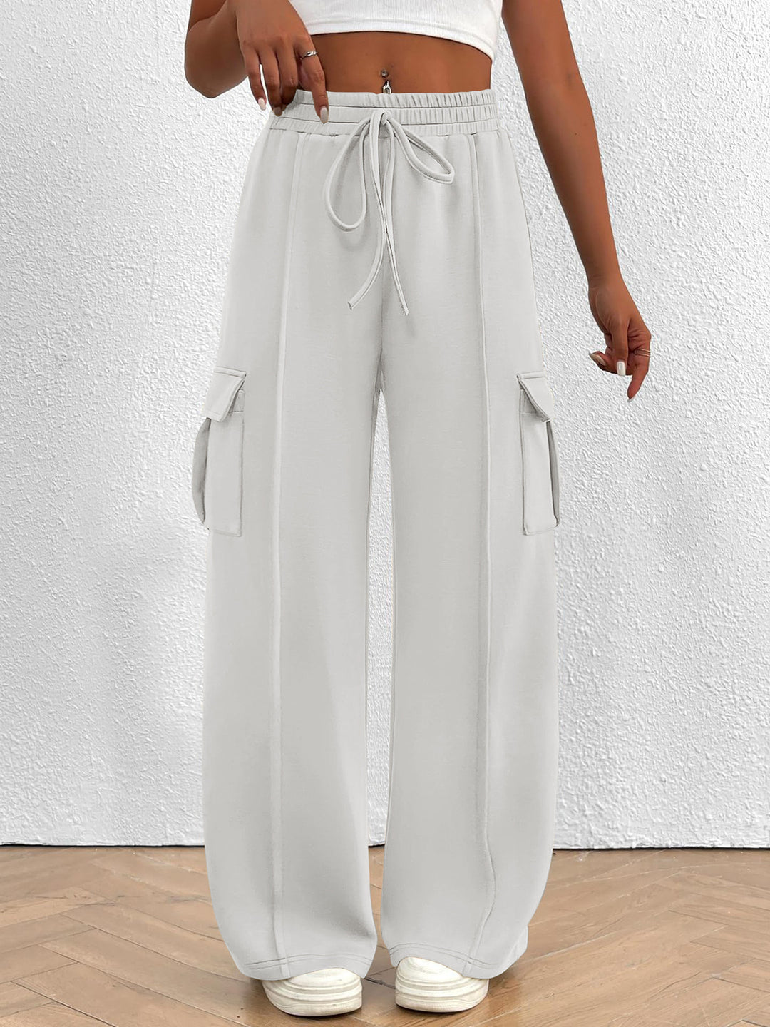 Wide cargo pants for women with elastic waist and practical pockets Lune London