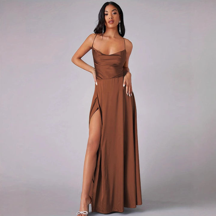 Ladies Elegant Maxi Dress with Deep Neckline and High Slit Lune London