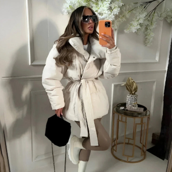 Quilted jacket with wide lapels and adjustable belt for women Lune London