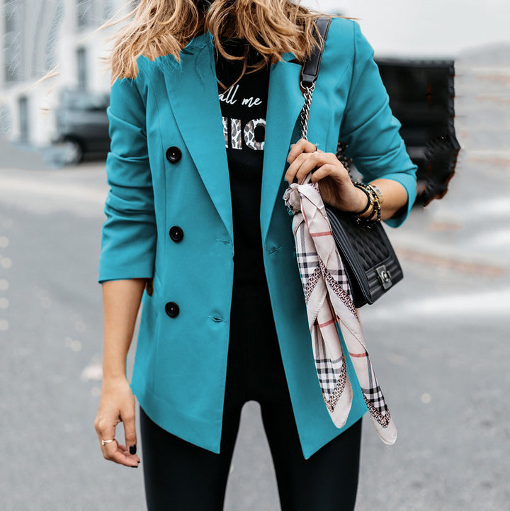 Trendy double-breasted blazer for women with a sleek silhouette and practical pockets Lune London