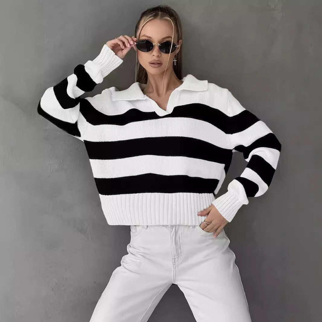Women Oversized Sweater with Classic Collar and Chic Striped Design