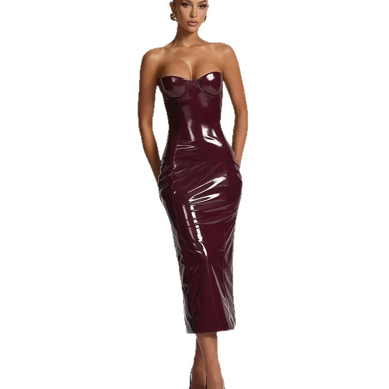 Women's bodycon dress with strapless design and glossy surface Lune London