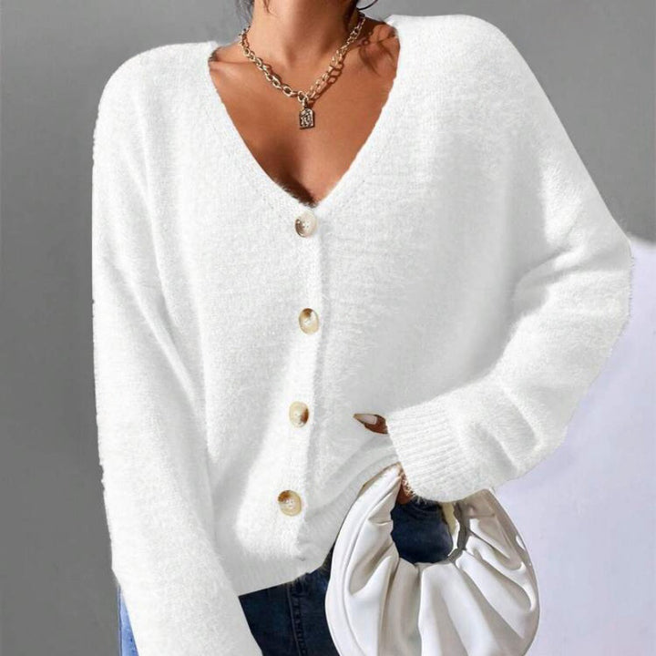 Ladies fluffy knit cardigan with golden buttons and relaxed fit Lune London