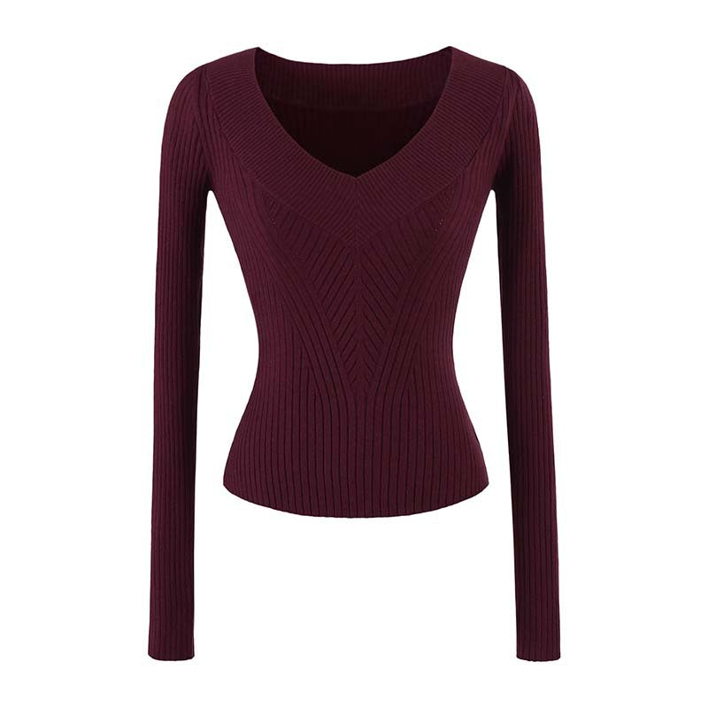 Women's Tailored Ribbed Knit Sweater with V-Neck and Shaping Structure Amarae