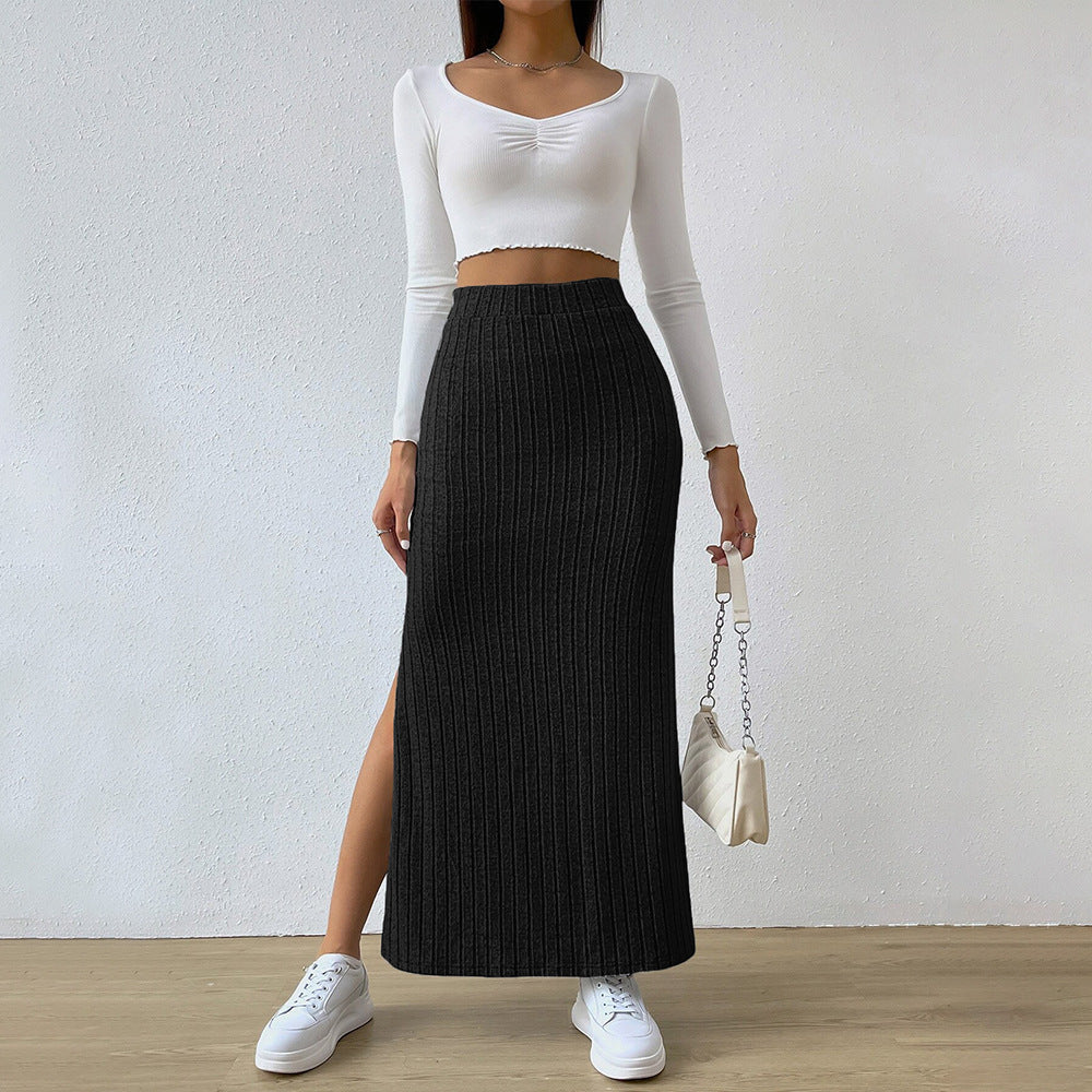 Jupe tricotée longue pour femmes avec côtes diagonales et taille haute Chic & Stil
