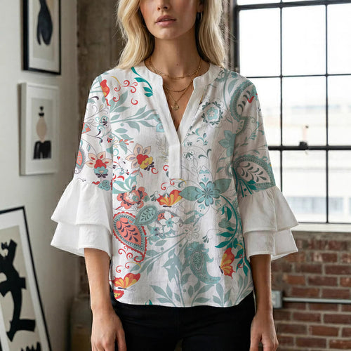 Ladies elegant top with voluminous ruffle hems and floral design Amarae