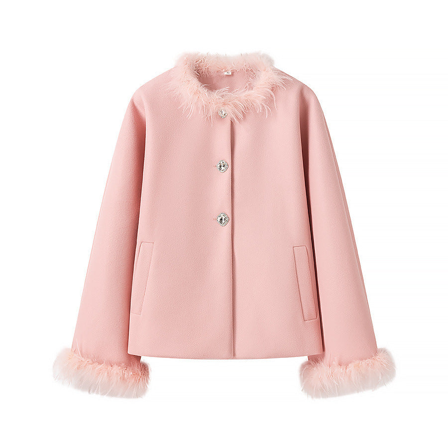 Ladies Short Boxy Coat Jacket with Feather Trimmed Collar and Cuffs Amarae