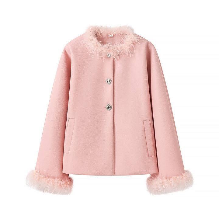Ladies Short Boxy Coat Jacket with Feather Trimmed Collar and Cuffs Amarae