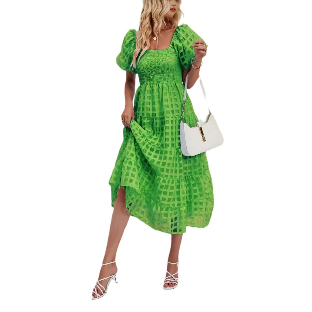 Women’s midi dress with puff sleeves and elastic waist belt Lune London